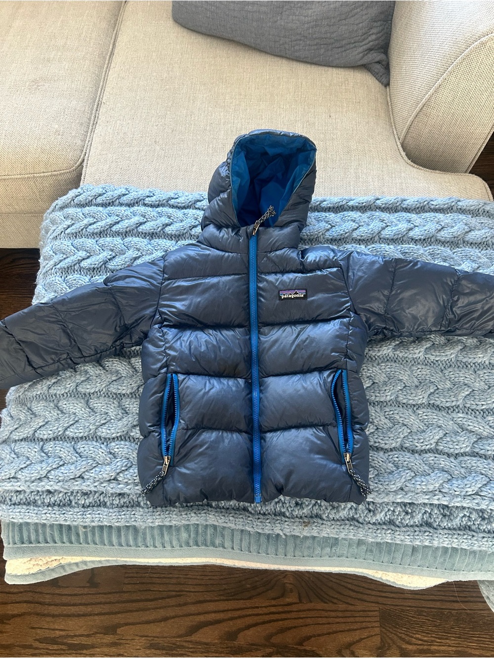 Patagonia Kids Hooded Puffer Jacket in Navy with Bright Blue Trim